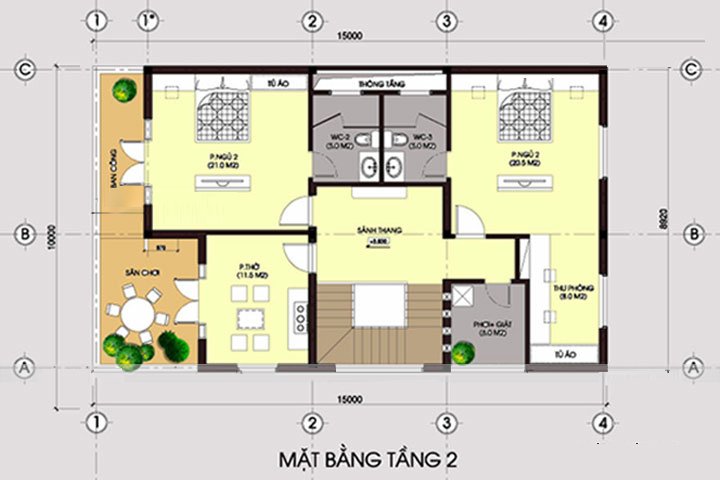 Mặt bằng bố trí nội thất tầng 2 biệt thự mái Thái