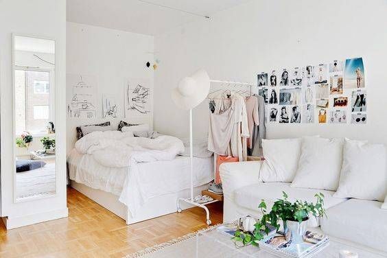 Giá treo quần áo trong trường hợp này được sử dụng như một vách ngăn tương đối giúp phân chia khu vực tiếp khách vói không gian ngủ nghỉ trong căn hộ nhỏ.