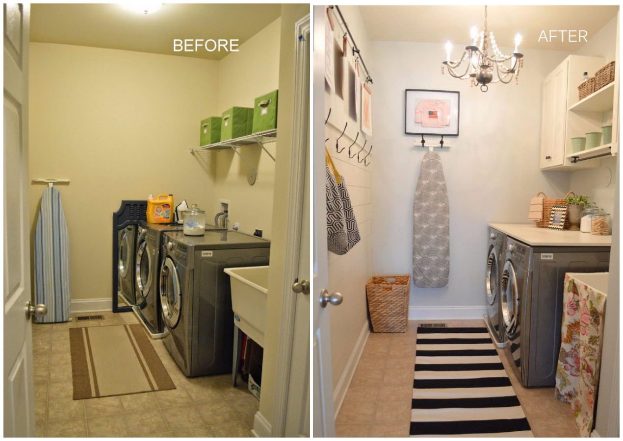 Cải tạo phòng giặt với màu sơn mới, thảm mới, kệ tủ thay thế Với sơn tường màu sáng kết hợp với thiết bị chiếu sáng phù hợp, phòng giặt cũ "lột xác" ngoạn mục, mang lại cảm giác thoải mái cho người dùng.