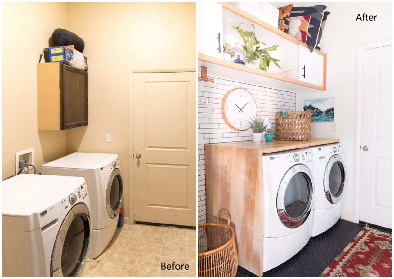 mẫu thiết kế phòng giặt là gọn đẹp, tiện dụng phòng giặt trước cải tạo chỉ có hai máy giặt sấy đơn điệu, sau cải tạo có thêm kệ gỗ bọc máy, giá mở gắn tường, đồng hồ, phụ kiện trang trí