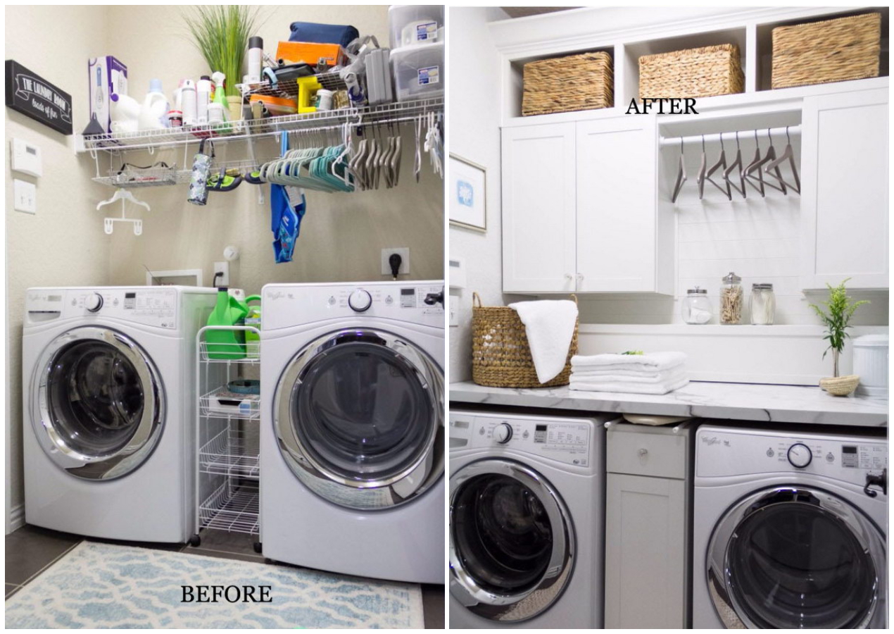phòng tắm trước và sau cải tạo, thêm tủ gắn tường, giỏ mây lưu trữ Sự lộn xộn, rối mắt phía trên máy giặt sấy hoàn toàn biến mất nhờ sự hiện diện của hệ tủ lưu trữ cao kịch trần.
