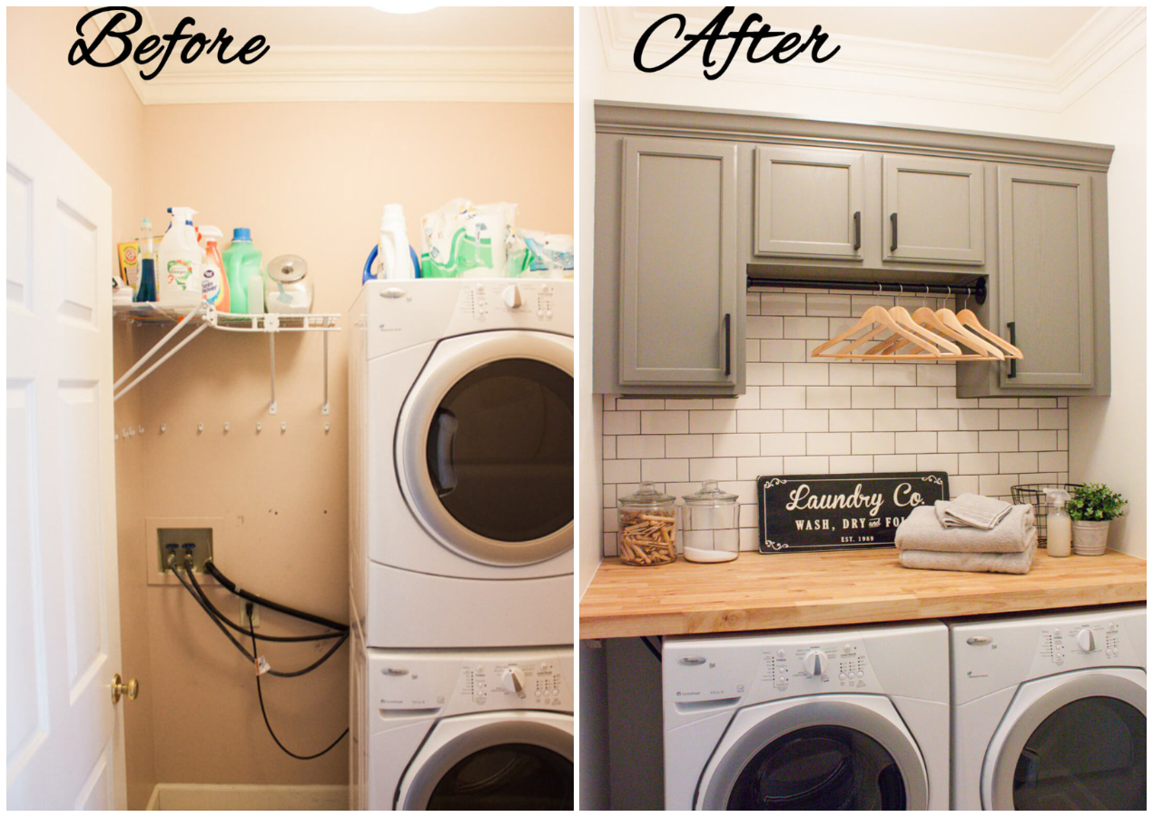 Phòng giặt gọn gàng hơn với tủ gắn tường gọn đẹp phòng giặt cũ với tường đơn điệu, đồ đạc lộn xộn và phòng giặt sau cải tạo với tủ gắn tường màu xám gọn đẹp