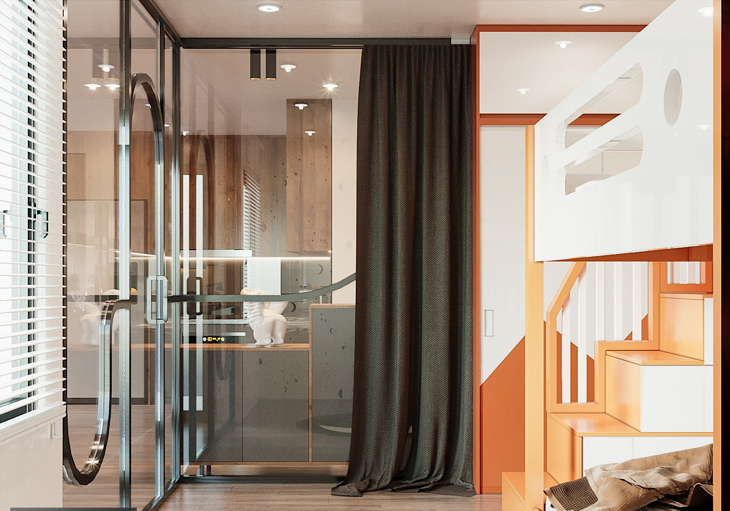 phòng trẻ em trong căn hộ 68m2 Trong căn hộ 68m2, phòng trẻ em phân tách với không gian sinh hoạt bên ngoài bằng tường kính trong suốt kết hợp cùng rèm che tối màu để đảm bảo tính riêng tư cần thiết.