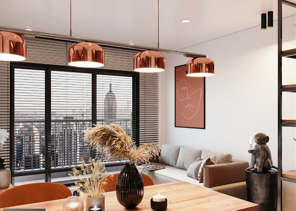 phòng khách liên thông khu bếp ăn phòng khách liên thông khu bếp ăn với cửa sổ kính trong suốt, bộ đèn thả mạ đồng sáng bóng