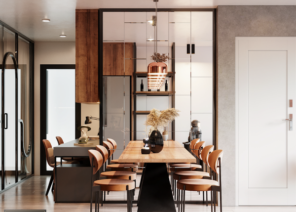 phòng ăn trong căn hộ nhỏ xinh cận cảnh phòng ăn với tông màu nâu đất chủ đạo, bàn chữ nhật dài, 8 ghế ngồi ngay ngắn