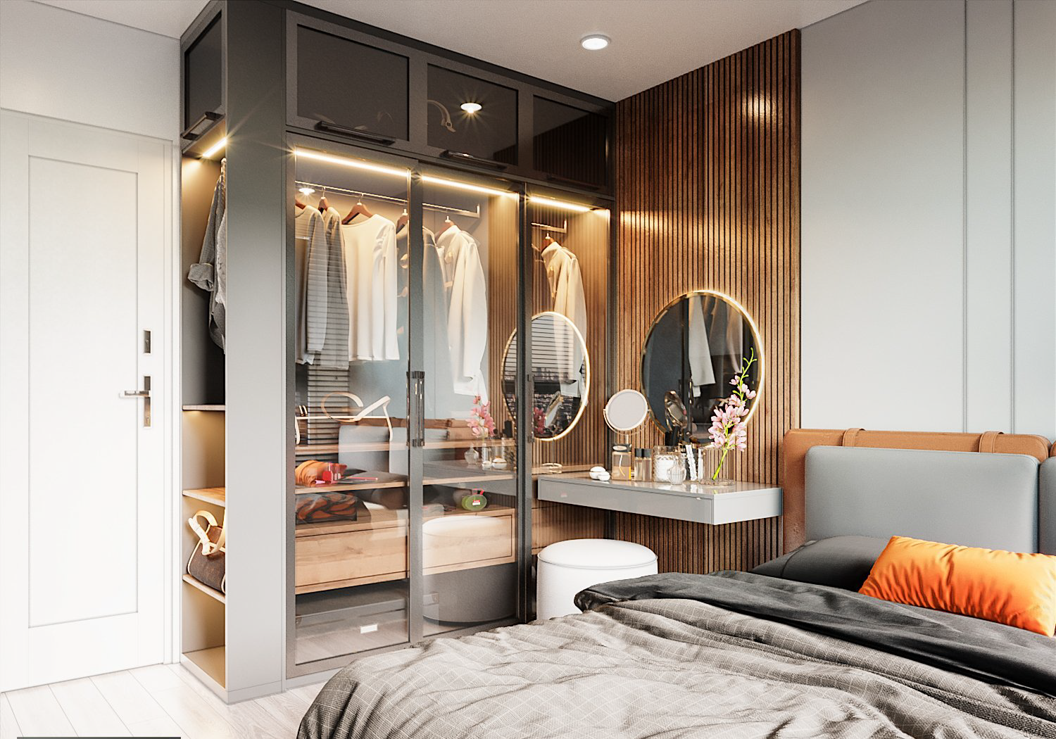 mẫu tủ quần áo cửa gương đẹp Tủ quần áo cửa gương mang đến vẻ hiện đại, sang trọng cho phòng ngủ, đồng thời hút sáng tự nhiên hiệu quả, tạo cảm giác rộng rãi hơn.