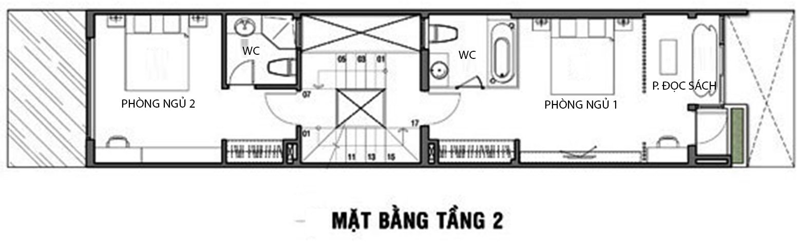 Mặt bằng bố tr&iacute; nội thất tầng 2 nh&agrave; ống