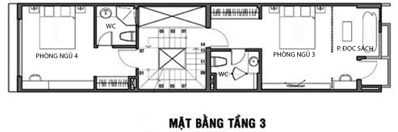 Mặt bằng bố tr&iacute; nội thất tầng 3 nh&agrave; ống