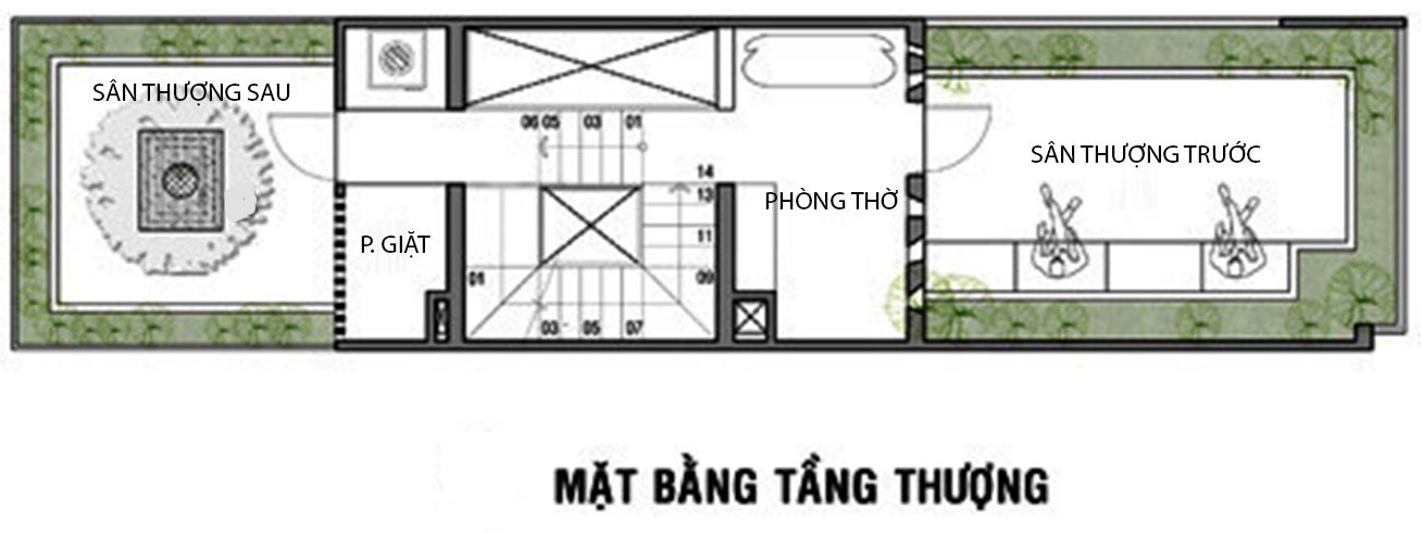 Mặt bằng bố tr&iacute; nội thất tầng thượng nh&agrave; ống