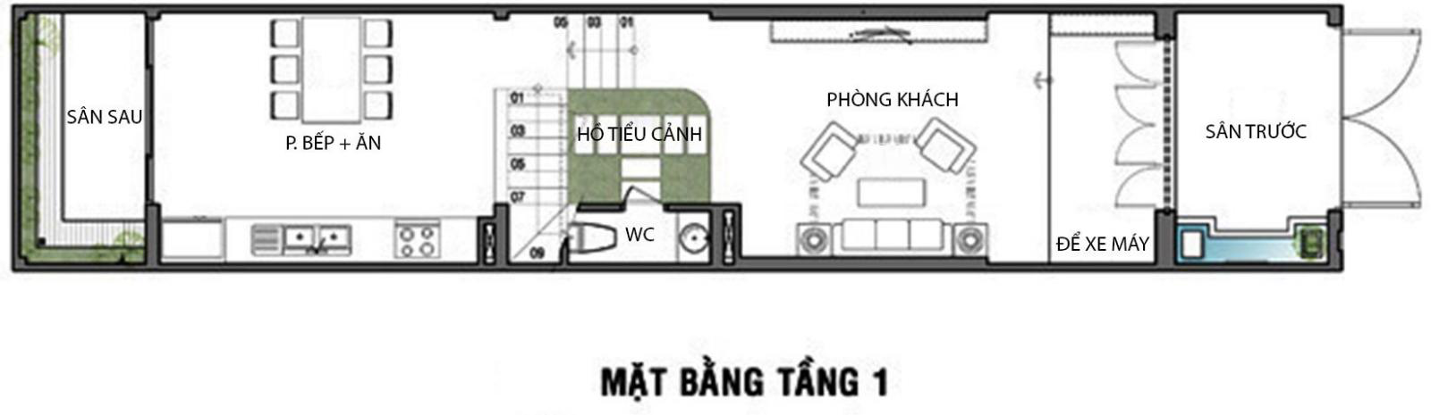 Mặt bằng bố tr&iacute; nội thất tầng 1 nh&agrave; ống