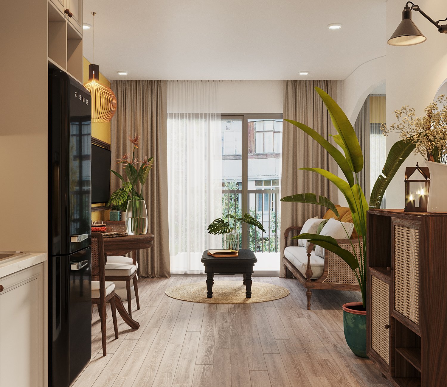 hình ảnh phòng khách ngập tràn ánh sáng trong căn hộ homestay ở Hà Nội