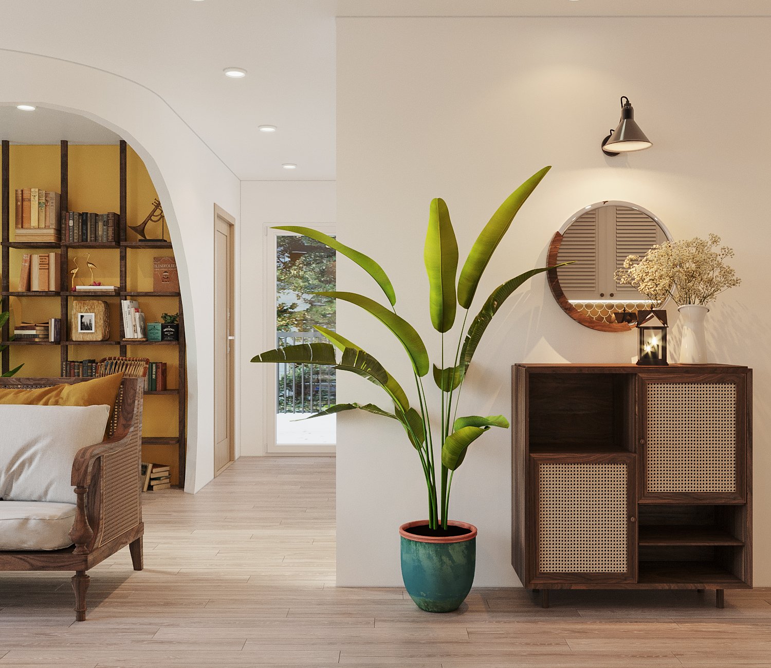 Chậu cảnh xanh tươi tạo điểm nhấn mát mắt, đồng thời bổ sung bảng màu đa dạng cho không gian nội thất trong căn hộ homestay.