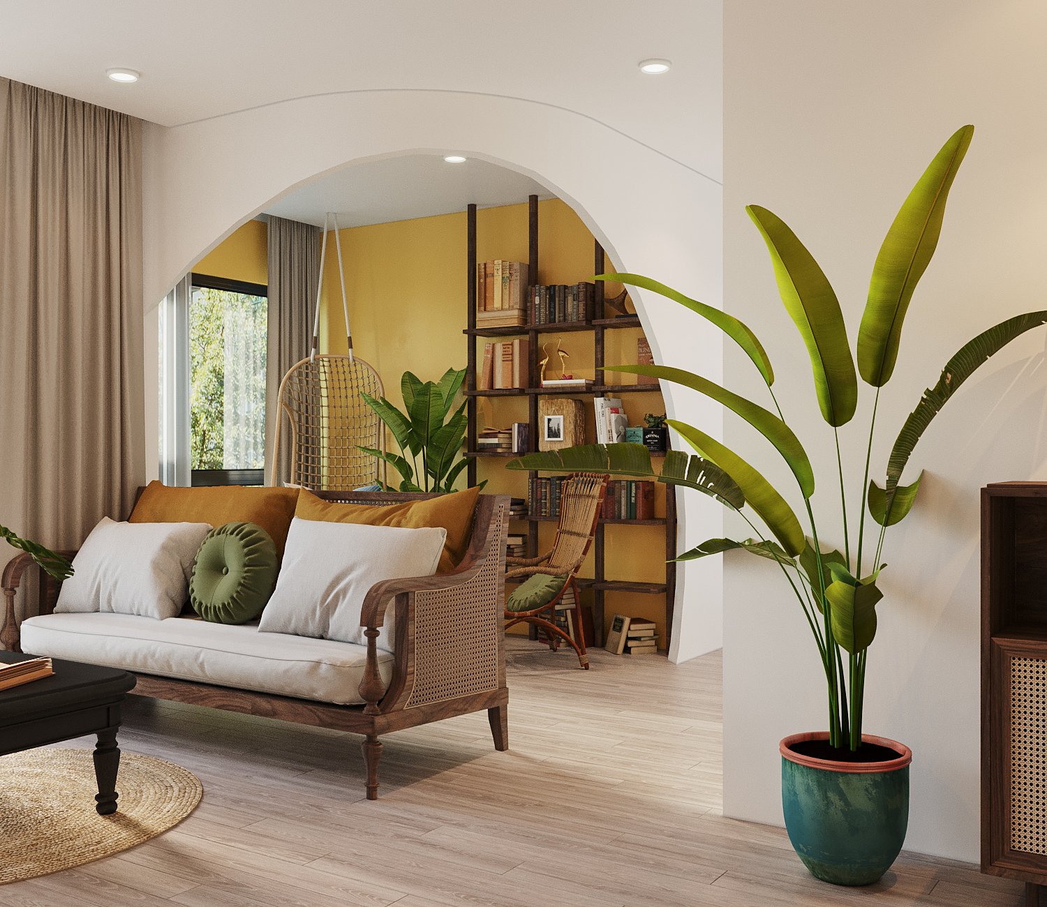 góc phòng khách với sofa gỗ lót đệm màu trắng mềm mại, gối tựa êm ái, khung cửa vòm cao rộng dẫn vào khu vực đọc sách bên trong