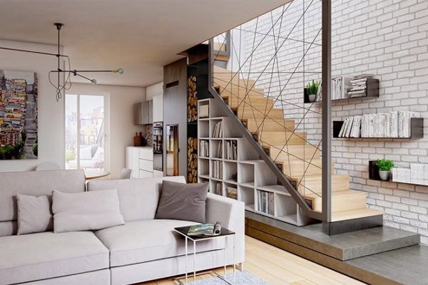 hình ảnh phòng khách với sofa trắng xám, cầu thang bậc gỗ với phần gầm làm giá sách gọn đẹp