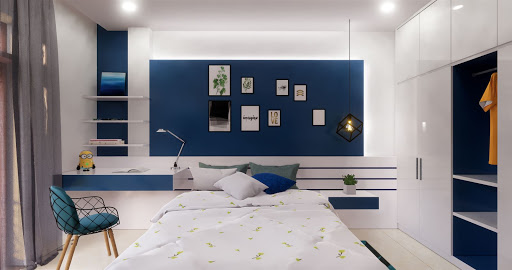 h&igrave;nh ảnh ph&ograve;ng ngủ cho con trai với bức tường sơn m&agrave;u xanh nước biển, ga gối m&agrave;u trắng, r&egrave;m x&aacute;m, kệ mở gắn tường