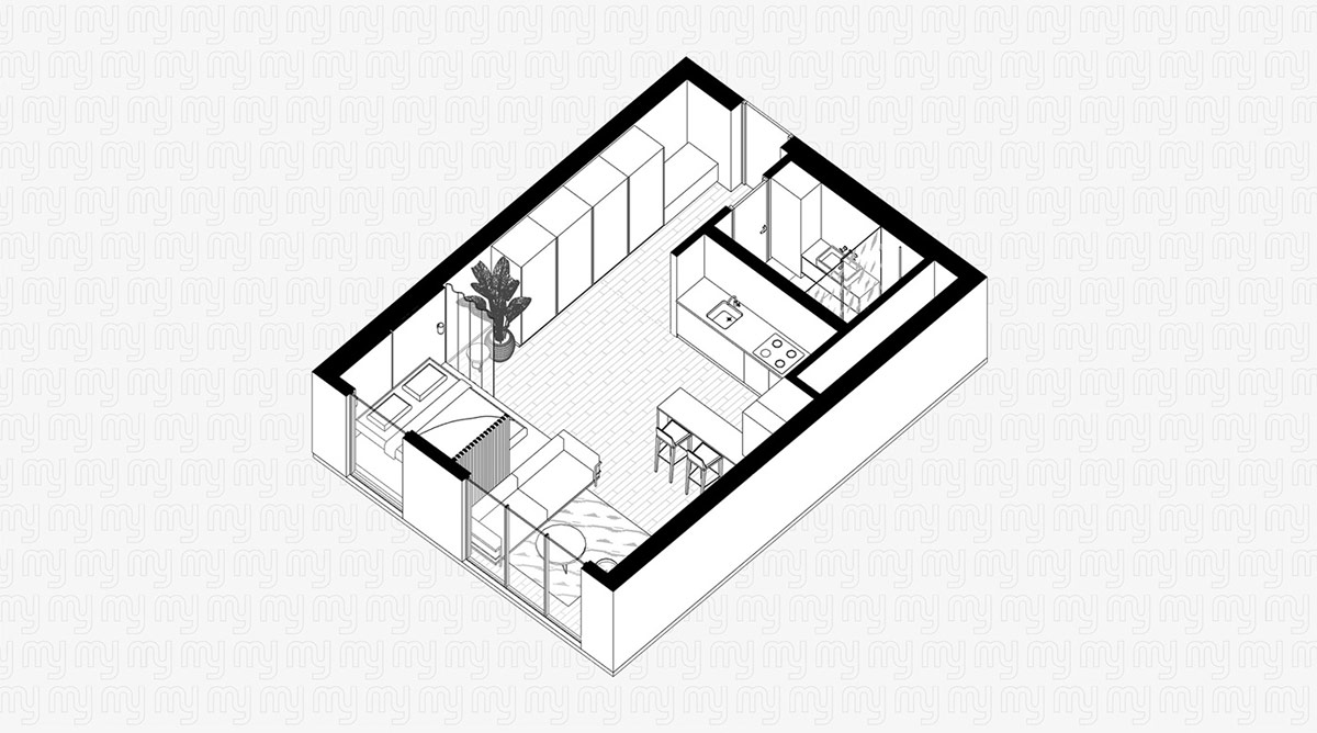 Phối cảnh bố tr&iacute; nội thất căn hộ 38m2