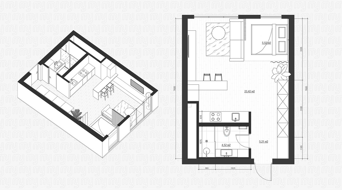 Ghế quầy bar c&oacute; thể được k&ecirc; th&ecirc;m dọc theo b&aacute;n đảo bếp, tạo cảm gi&aacute;c thoải m&aacute;i hơn  ​cho chủ nh&acirc;n căn hộ 38m2.