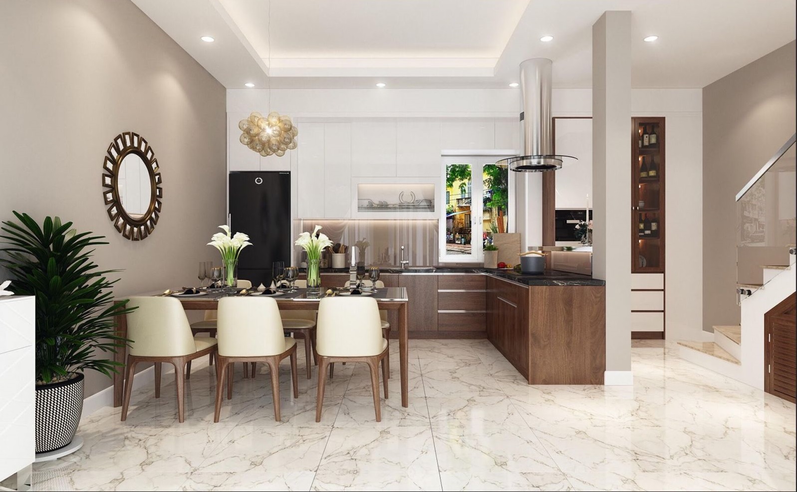 Nh&agrave; bếp kết hợp ph&ograve;ng ăn hiện đại, ấm c&uacute;ng với gạch l&aacute;t v&acirc;n đ&aacute; cẩm thạch sang trọng.