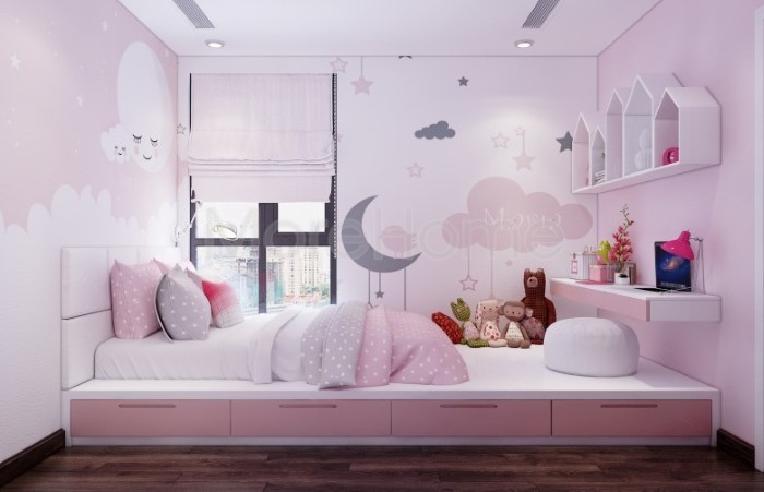 ph&ograve;ng ngủ cho con g&aacute;i với t&ocirc;ng m&agrave;u hồng trắng ngọt ng&agrave;o