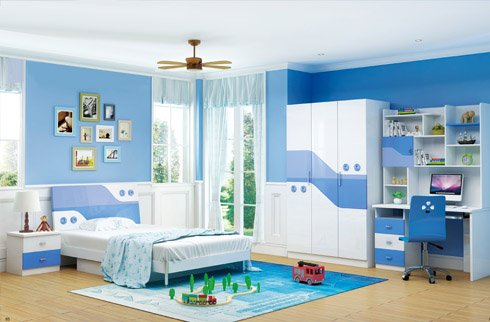 Mẫu thiết kế ph&ograve;ng ngủ cho con trai gam m&agrave;u trắng - xanh lam kết hợp tinh tế.