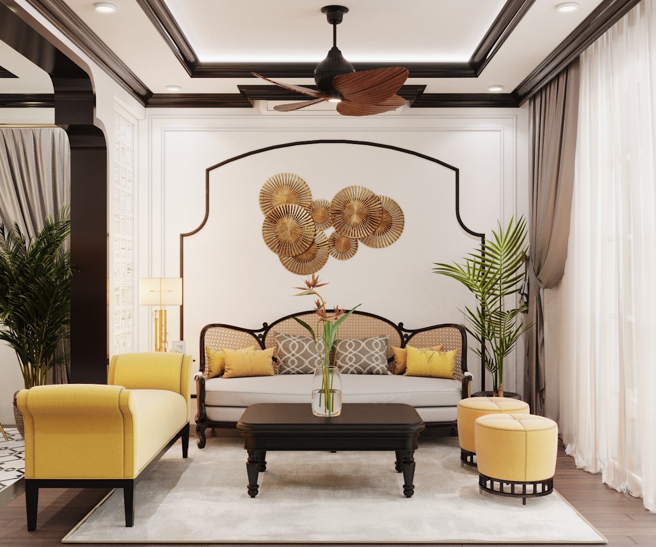 phòng khách nhà phố phong cách Đông Dương phòng khách nhà phố phong cách Đông Dương với bàn trà gỗ, sofa vàng, quạt trần cổ điển, cây xanh trang trí