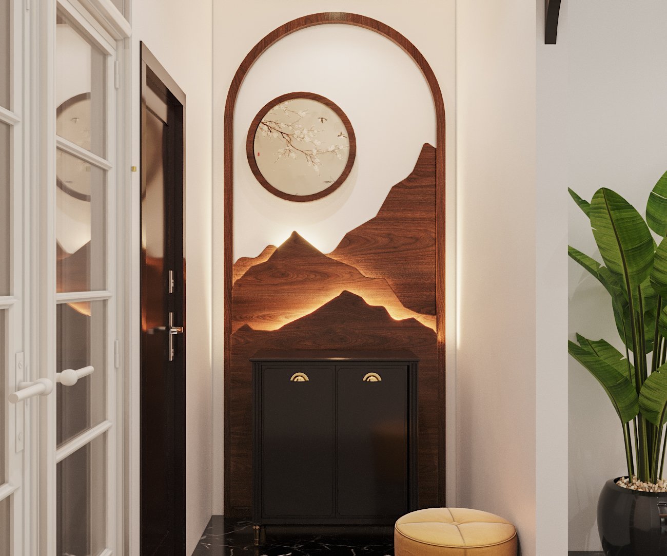 Lối vào nhà phố đẹp Lối vào nhà phố được decor tuyệt đẹp với hình ảnh mô phỏng những ngọn núi trập trùng trong ánh hoàng hôn ấm áp.