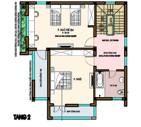 Mặt bằng bố trí nội thất tầng 2 biệt thự