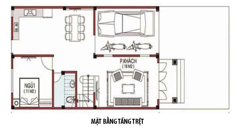 Mặt bằng bố tr&iacute; nội thất tầng 1 nh&agrave; ống