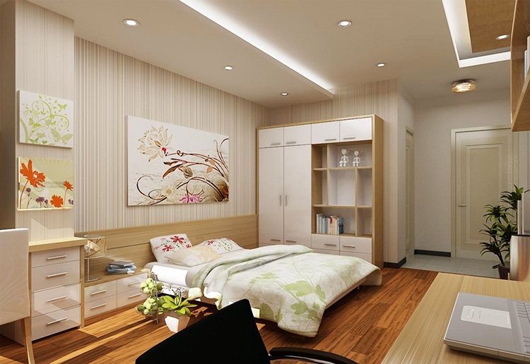 ph&ograve;ng ngủ master với tranh tường trang tr&iacute; đầu giường, tủ quần &aacute;o, tủ ngăn k&eacute;o