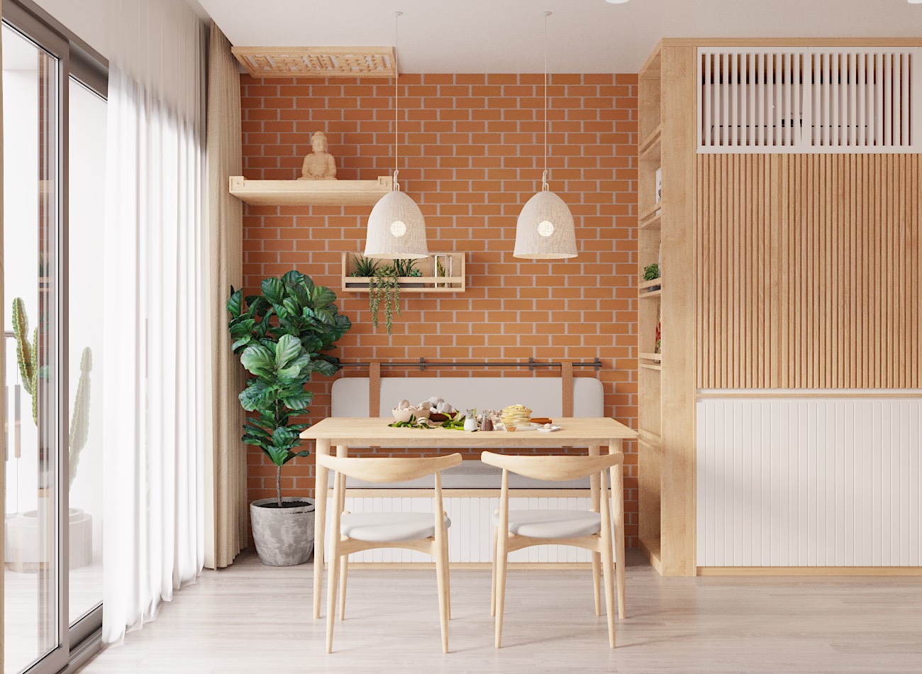 Góc ăn uống nhỏ xinh dành cho gia đình 4 người được thiết kế và trang trí với giấy dán tường họa tiết gạch đỏ, đèn thả chụp mây mộc mạc, cây xanh mát mắt.
