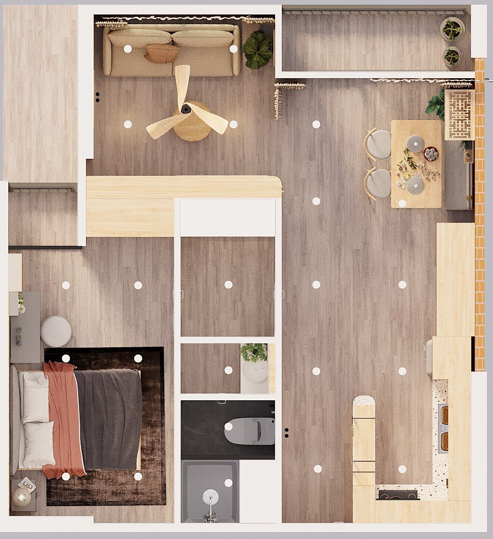 Phối cảnh bố trí nội thất căn hộ 60m2