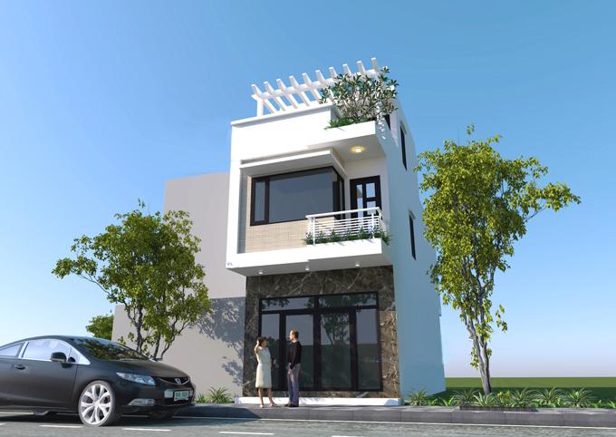 h&igrave;nh ảnh phối cảnh mẫu nh&agrave; ống 2 tầng 1 tum với mặt tiền đơn giản, vỉa h&egrave;, đường lớn, &ocirc; t&ocirc; m&agrave;u đen