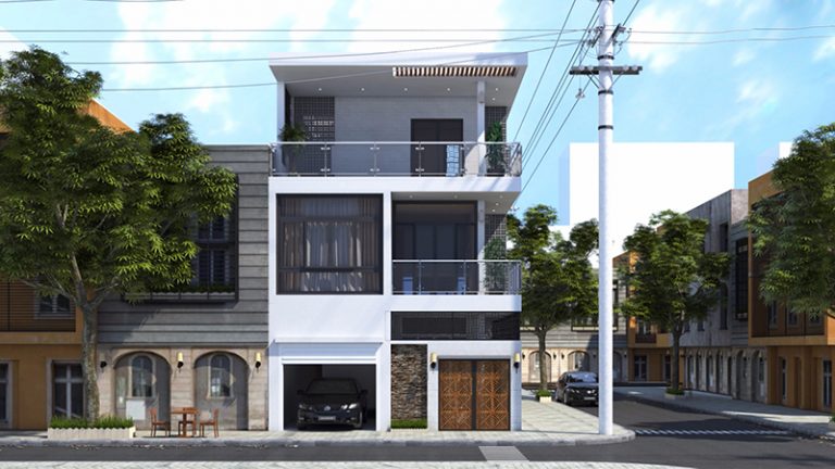 h&igrave;nh ảnh to&agrave;n cảnh mẫu nh&agrave; ống 3 tầng hiện đại với lan can k&iacute;nh cường lực trong suốt