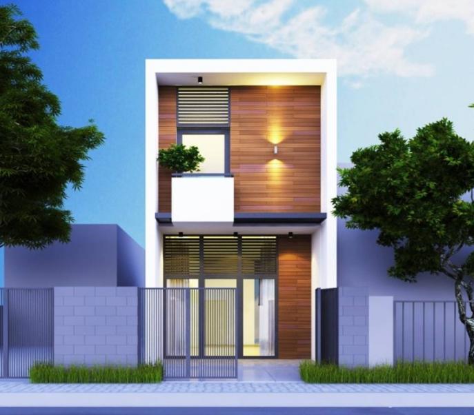 h&igrave;nh ảnh phối cảnh mẫu nh&agrave; ống 2 tầng với mảng tường mặt tiền ốp gạch giả gỗ m&agrave;u n&acirc;u ấm &aacute;p