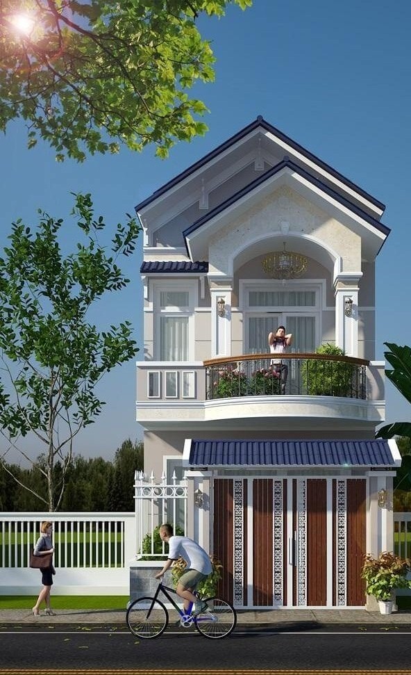 mẫu nh&agrave; ống 2 tầng m&aacute;i k&eacute;p hiện đại, ban c&ocirc;ng uốn cong mềm mại