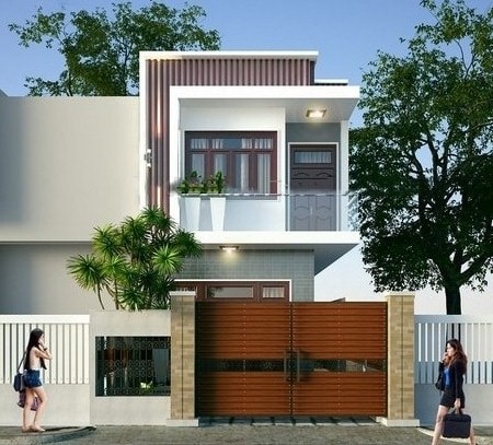 h&igrave;nh ảnh phối cảnh mẫu nh&agrave; ống lệch tầng với cổng gỗ cao, rộng