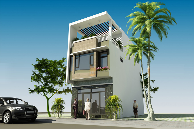 h&igrave;nh ảnh phối cảnh mẫu nh&agrave; ống 2 tầng 1 tum với cửa k&iacute;nh mặt tiền, đường lớn &ocirc; t&ocirc; đậu, vỉa h&egrave;, người đi bộ