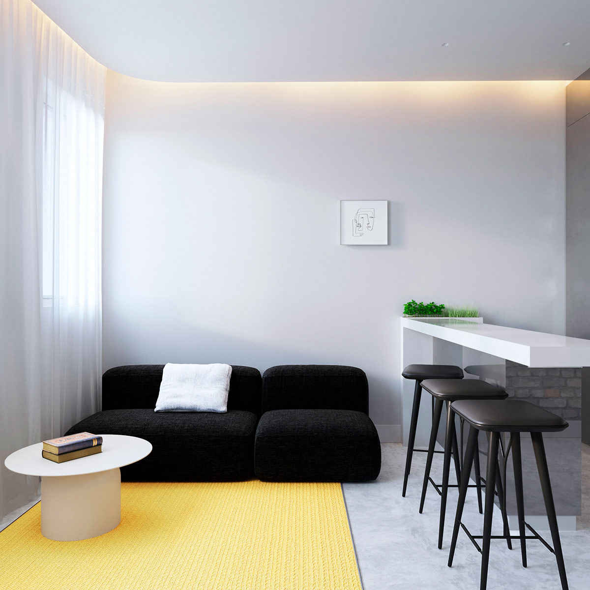 Ph&ograve;ng kh&aacute;ch căn hộ nhỏ nổi bật với ghế sofa m&agrave;u đen tuyền v&agrave; thảm trải s&agrave;n sắc v&agrave;ng tươi rực rỡ khiến kh&ocirc;ng gian nh&agrave; s&aacute;ng bừng sức sống.