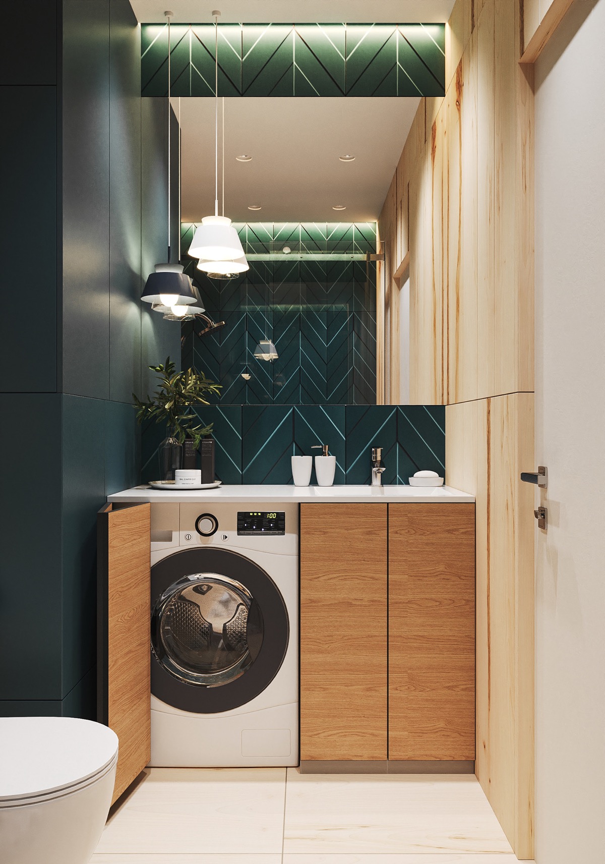 Thiết bị giặt, sấy ẩn sau c&aacute;nh cửa tủ gấp, đảm bảo sự tho&aacute;ng gọn cho ph&ograve;ng tắm.