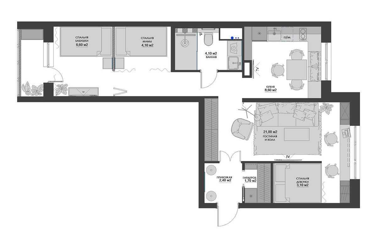 Mặt bằng bố tr&iacute; nội thất căn hộ 52m2