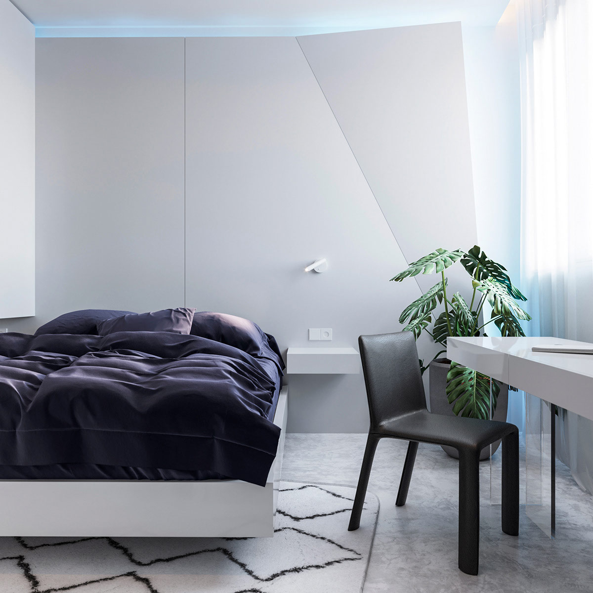 Bức tường gấp đầu giường tạo ấn tượng cho ph&ograve;ng ngủ nhỏ phong c&aacute;ch tối giản. Chậu cảnh tươi tốt mang sắc xanh thi&ecirc;n nhi&ecirc;n v&agrave;o nh&agrave;.