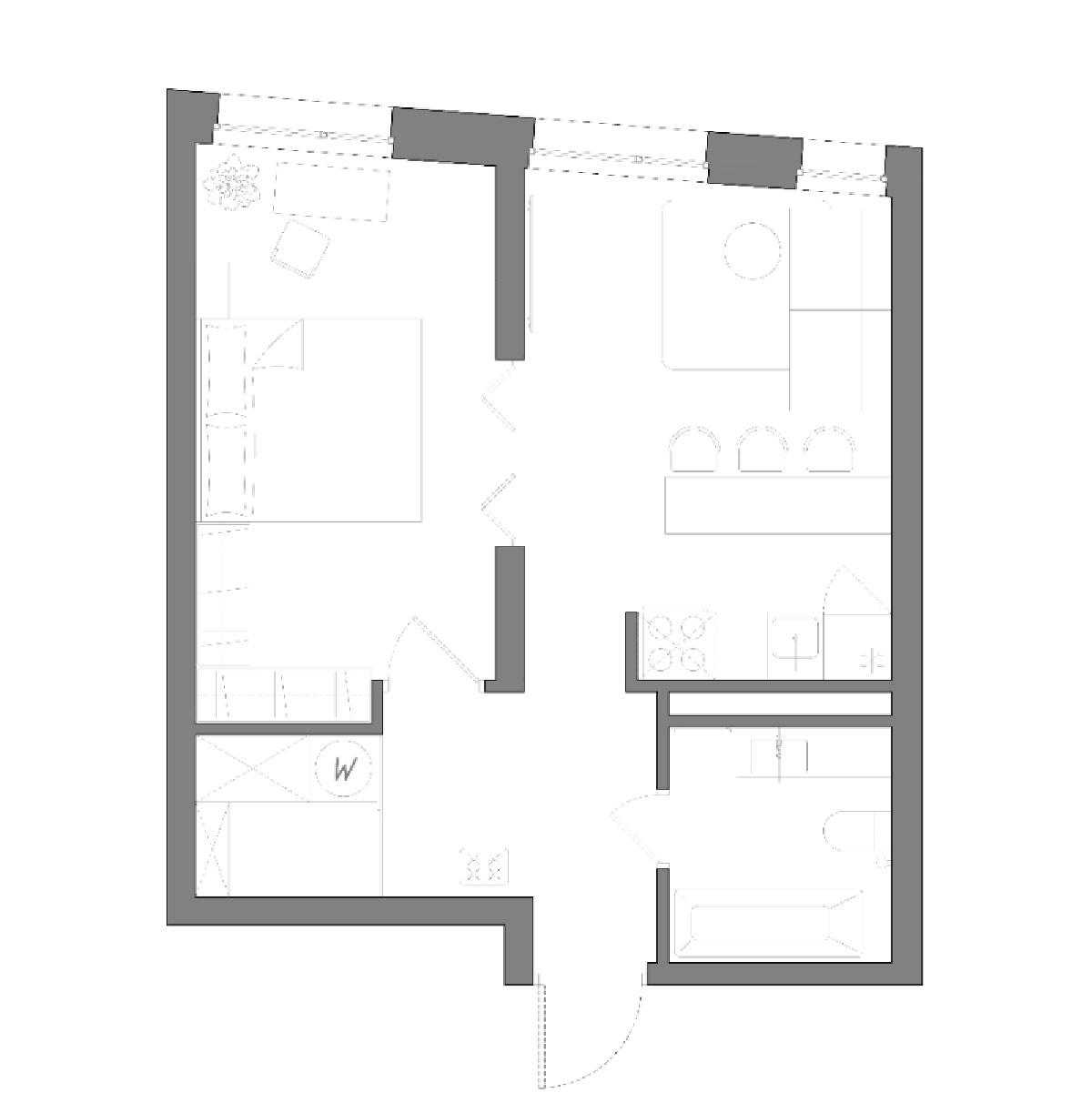 Sơ đồ mặt bằng thiết kế nội thất căn hộ 56m2 cho thấy lối đi trực tiếp v&agrave; dễ d&agrave;ng tiếp cận tủ quần &aacute;o, ph&ograve;ng ngủ.