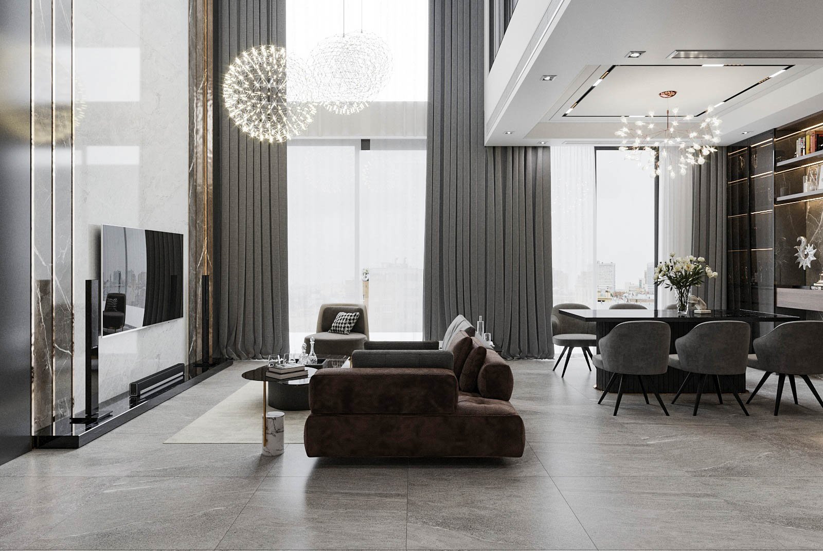 phòng khách liên thông phòng ăn trong căn hộ Duplex