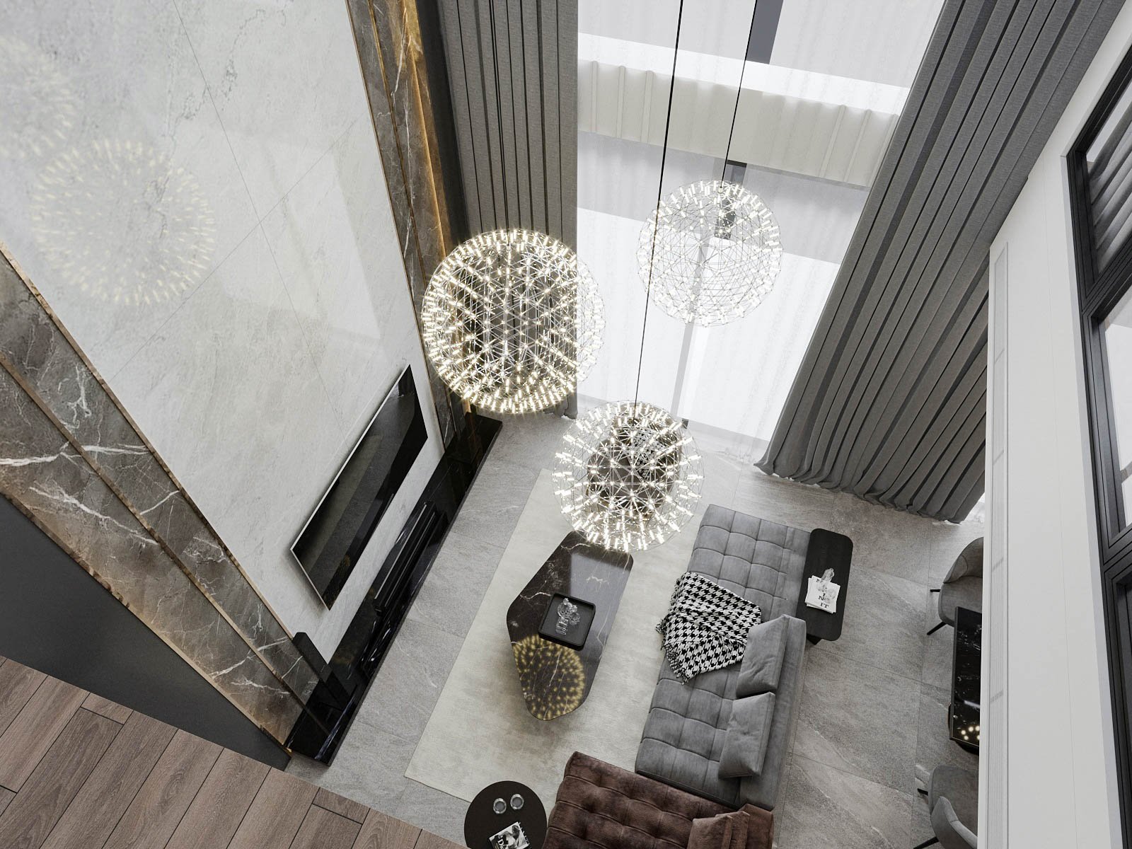hình ảnh phòng khách nhìn từ trên cao với đèn thả hình cầu, sofa màu ghi xám, bọc nỉ nhung