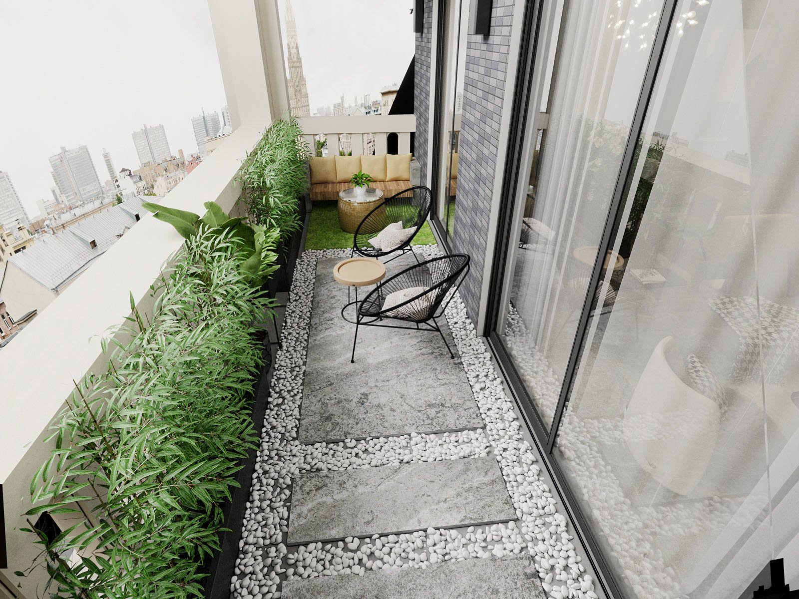 Ban công căn hộ Duplex được thiết kế và bài trí như một khu vườn Nhật thu nhỏ với sỏi cuội, tre trúc, bàn ghế thư giãn, hóng gió...