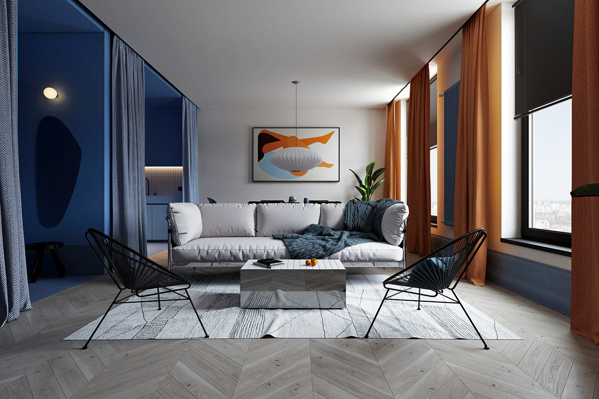 h&igrave;nh ảnh to&agrave;n cảnh ph&ograve;ng kh&aacute;ch căn hộ hiện đại với s&agrave;n gỗ xương c&aacute; m&agrave;u x&aacute;m, sofa trắng, b&agrave;n c&agrave; ph&ecirc; khối h ooppj, hai ghế tựa kim loại m&agrave;u đen