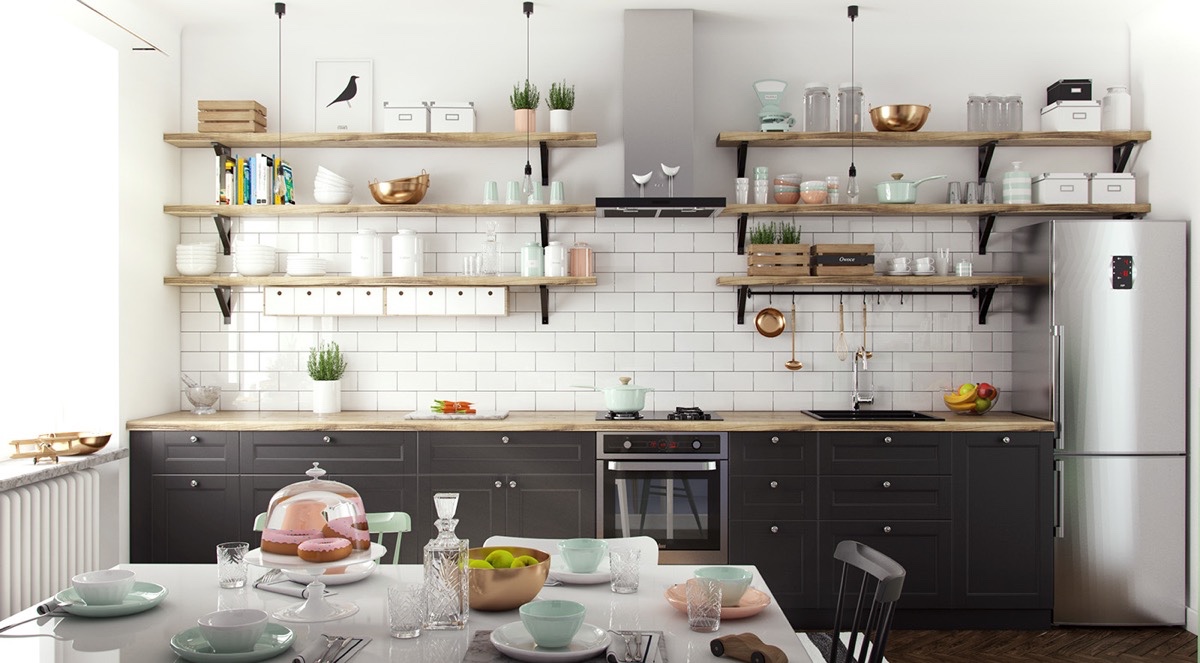 h&igrave;nh ảnh ph&ograve;ng bếp ăn với gi&aacute; kệ mở gắn tường b&agrave;y b&aacute;t đ&atilde;i, chậu c&acirc;y cảnh nhỏ xinh, 