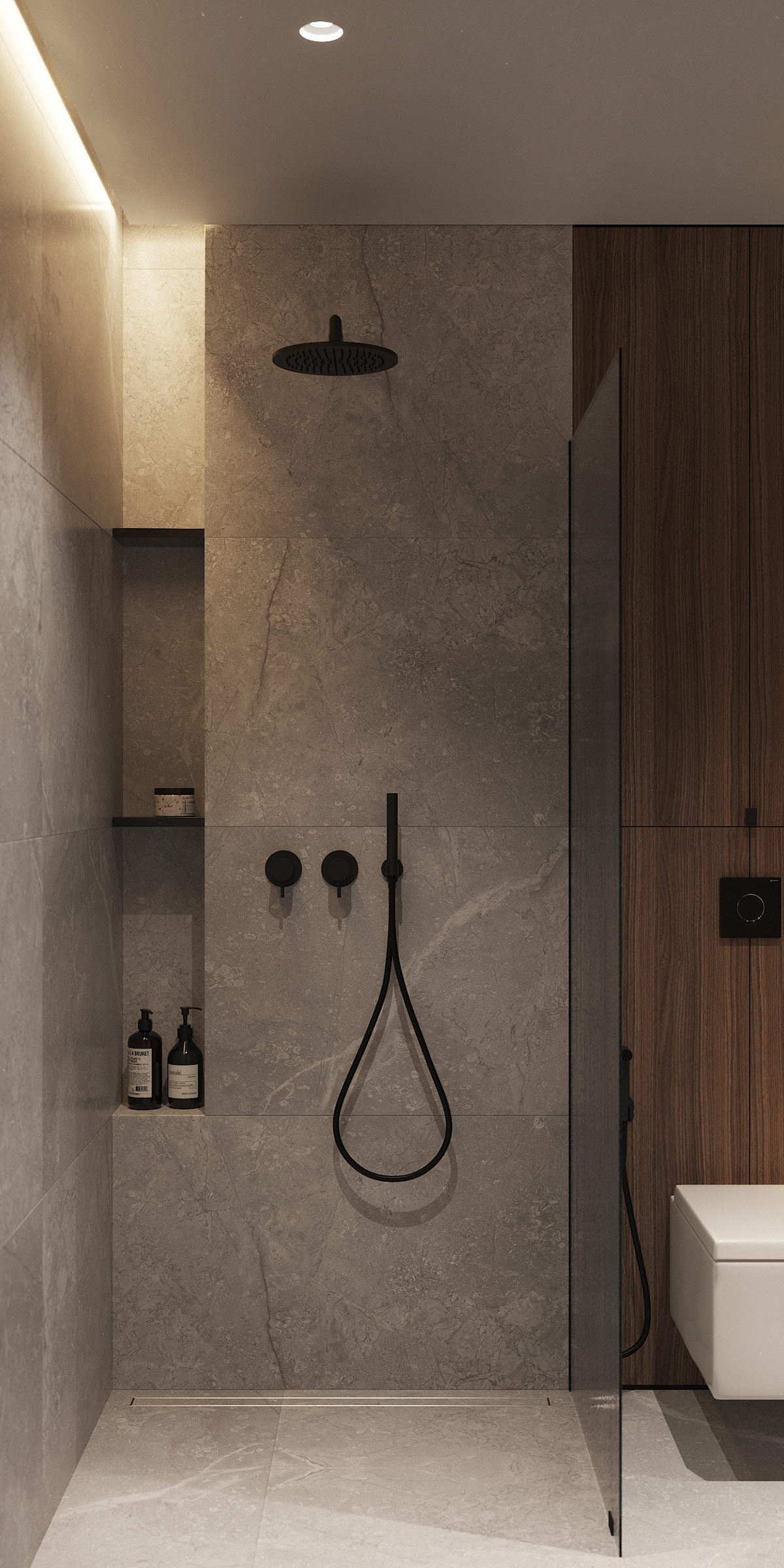 V&ograve;i sen m&agrave;u đen tuyền tương phản với gạch ốp l&aacute;t m&agrave;u x&aacute;m, tạo hiệu ứng thẩm mỹ th&uacute; vị v&agrave; cực bắt mắt.