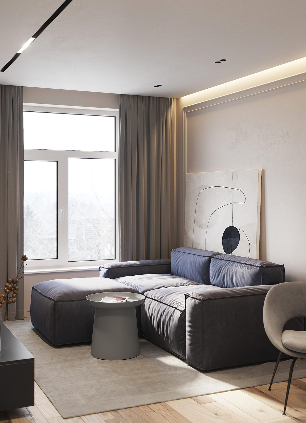 h&igrave;nh ảnh ph&ograve;ng kh&aacute;ch với ghế sofa v&agrave; b&agrave;n tr&agrave; m&agrave;u x&aacute;m đặt tr&ecirc;n thảm m&agrave;u kem, cửa sổ k&iacute;nh ngập tr&agrave;n &aacute;nh s&aacute;ng