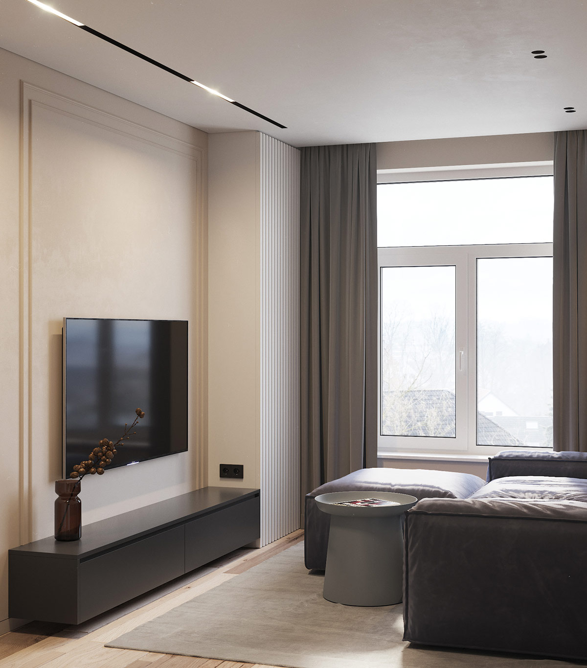 h&igrave;nh ảnh một g&oacute;c ph&ograve;ng kh&aacute;ch với kệ tivi m&agrave;u đen, tivi gắn tường, ghế sofa m&agrave;u t&iacute;m nhạt